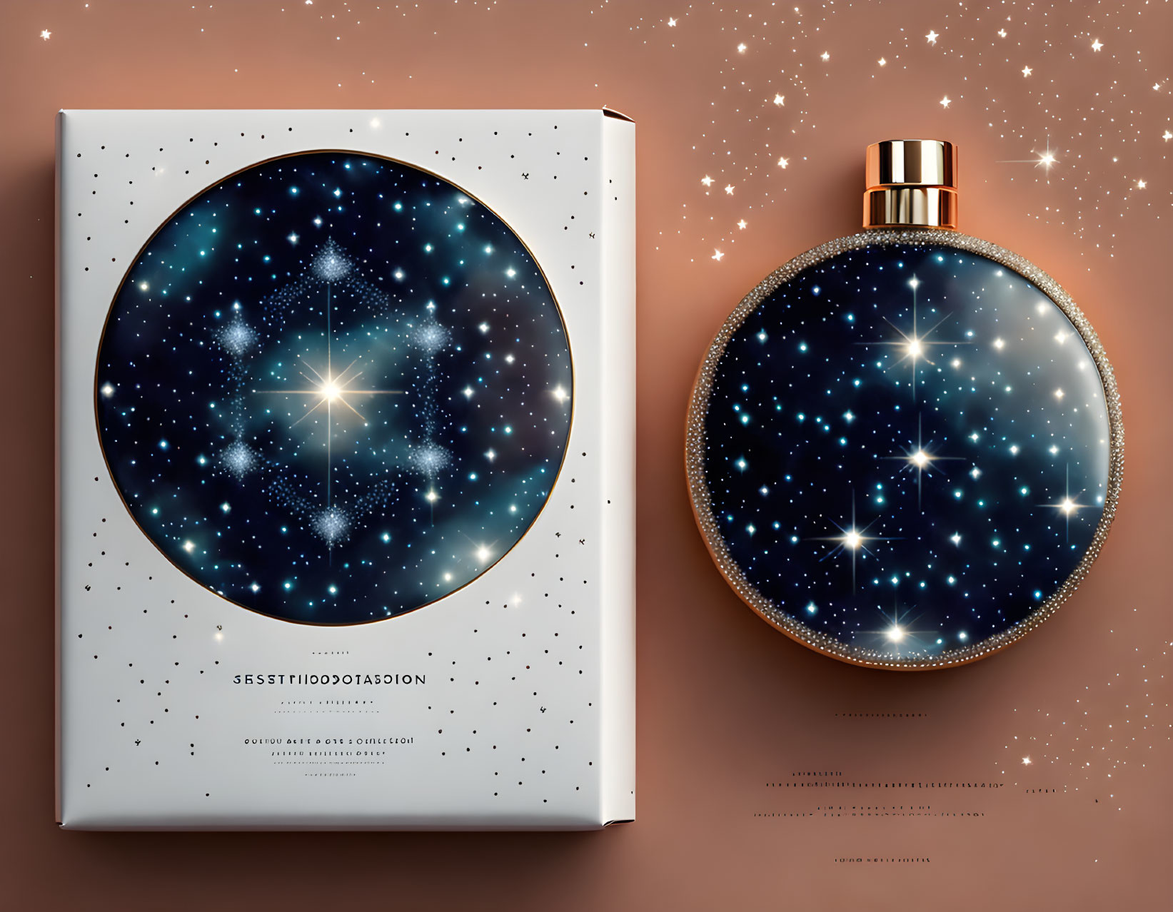 Starry Sky Design Perfume Bottle and Box on Warm Background