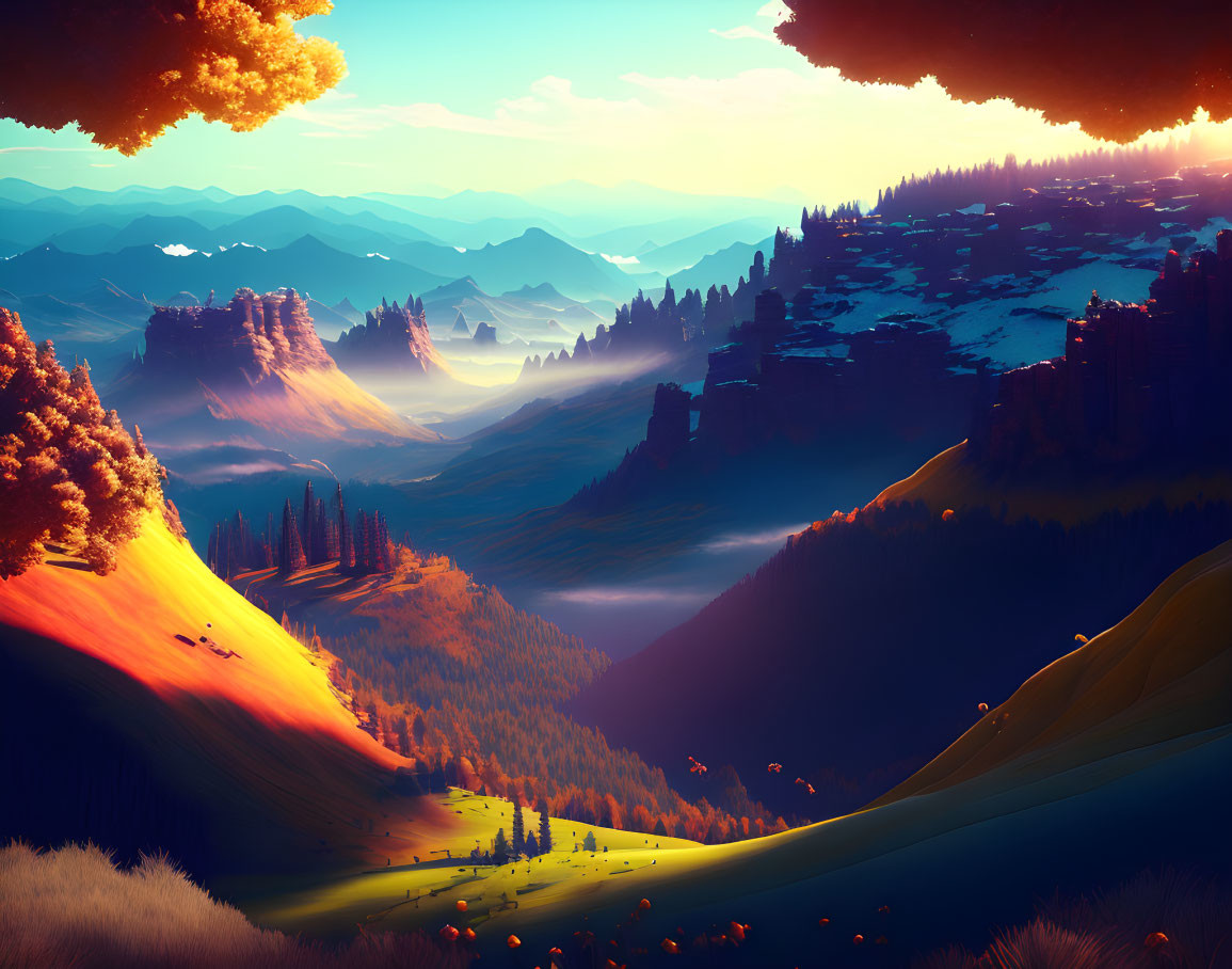 Colorful digital sunset landscape with valley, hills, and mountains.