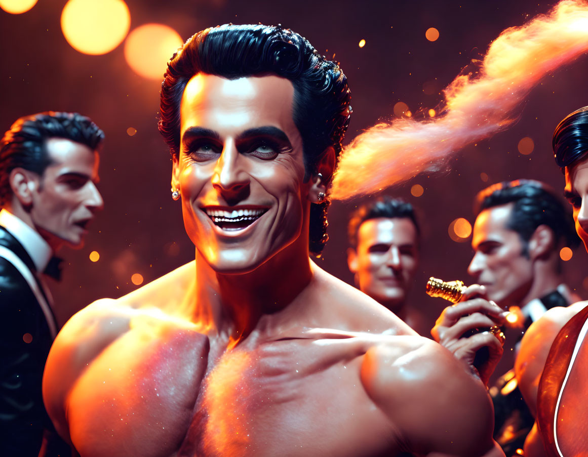Muscular Men in Tuxedos with Exaggerated Smiles in Vibrant Artwork