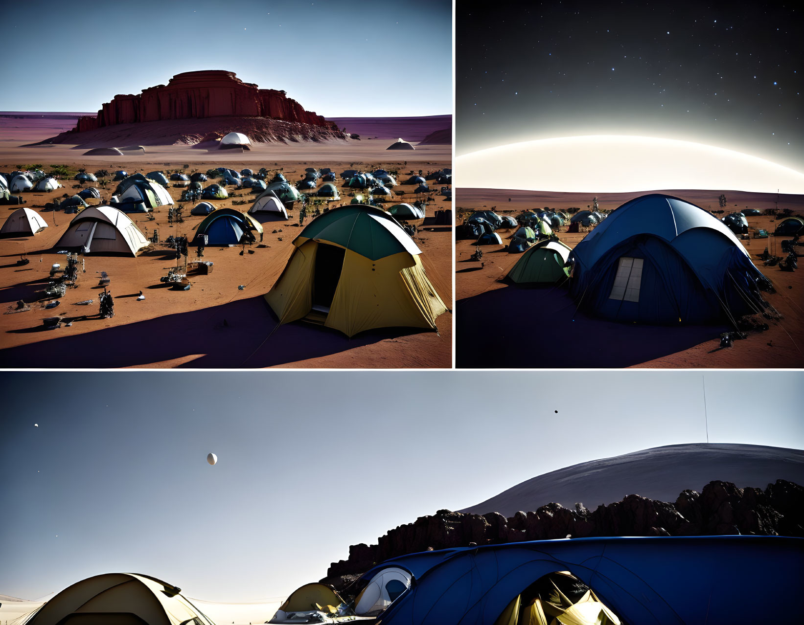 Desert Campsite with Tents, Rock Formations, and Starry Night Sky