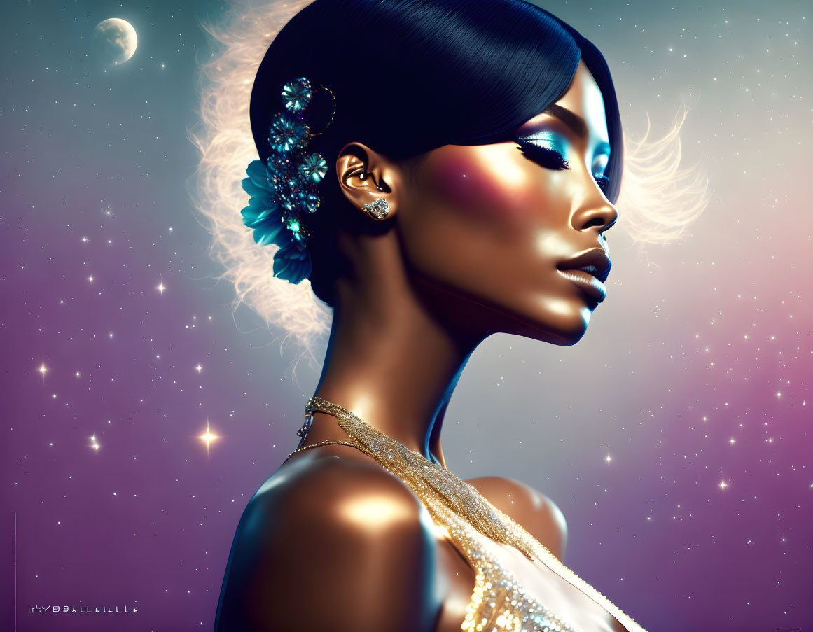 Illustration of woman with stylized makeup and jewelry under starry night sky