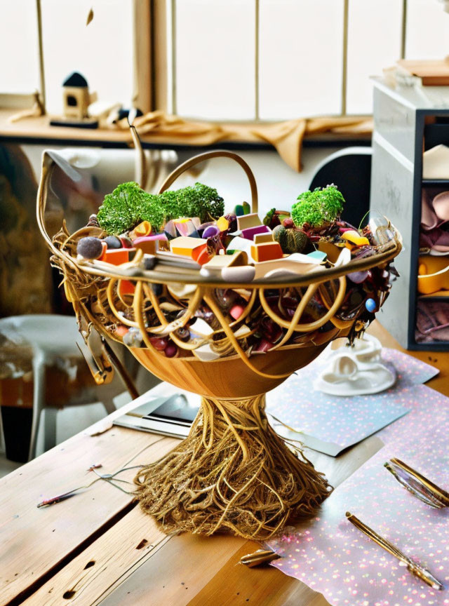 Colorful Candy and Vegetable-filled Bird's Nest Centerpiece on Wooden Table
