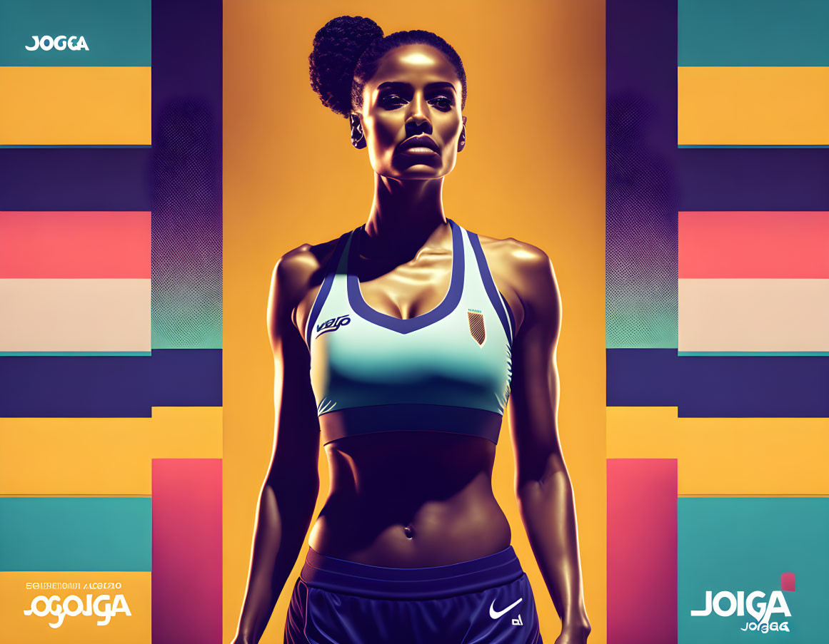 Confident athletic woman in sportswear with vibrant geometric background.