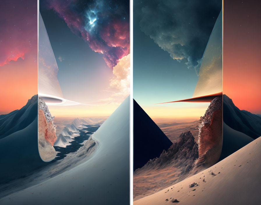 Contrasting Landscapes: Serene Sunset and Cosmic Sky Split View