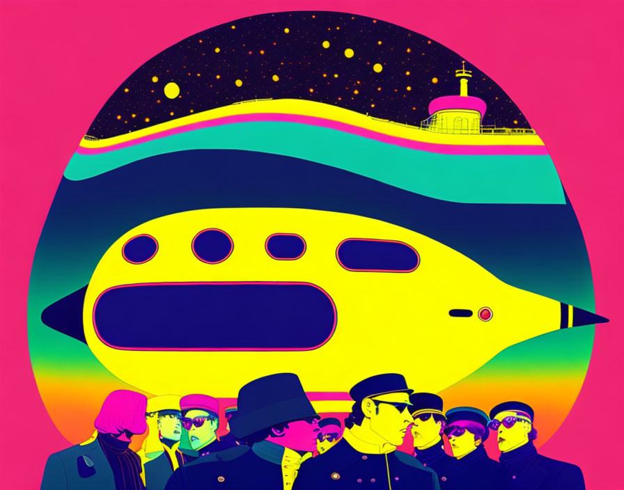 Colorful Pop Art Submarine Illustration with Silhouetted Figures and Starry Background