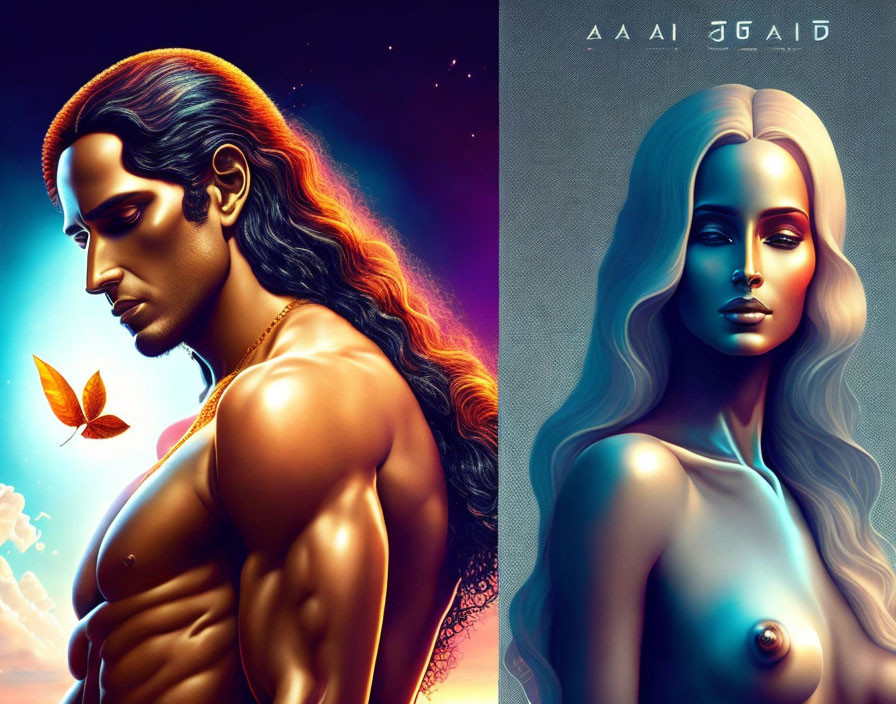 Stylized portraits of muscular man and metallic-skinned woman against cosmic backdrop