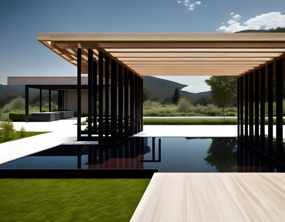 Flat-roofed building with large glass windows, reflecting pool, wooden patio, trees, mountains