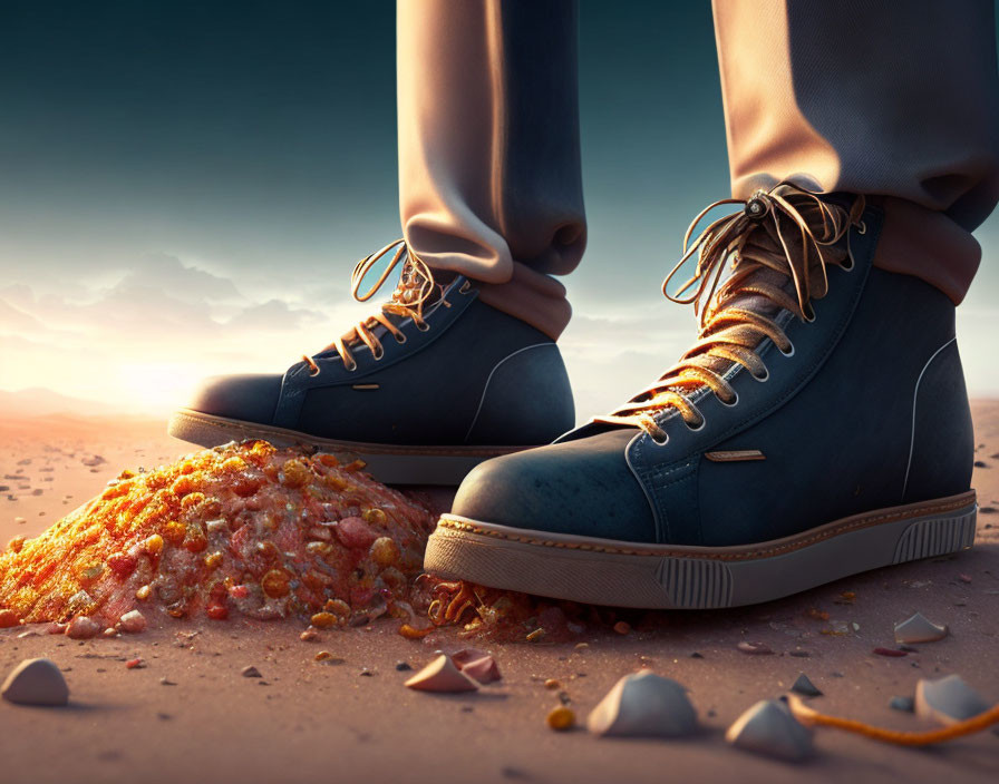 Oversized blue shoes in desert scene with squished object