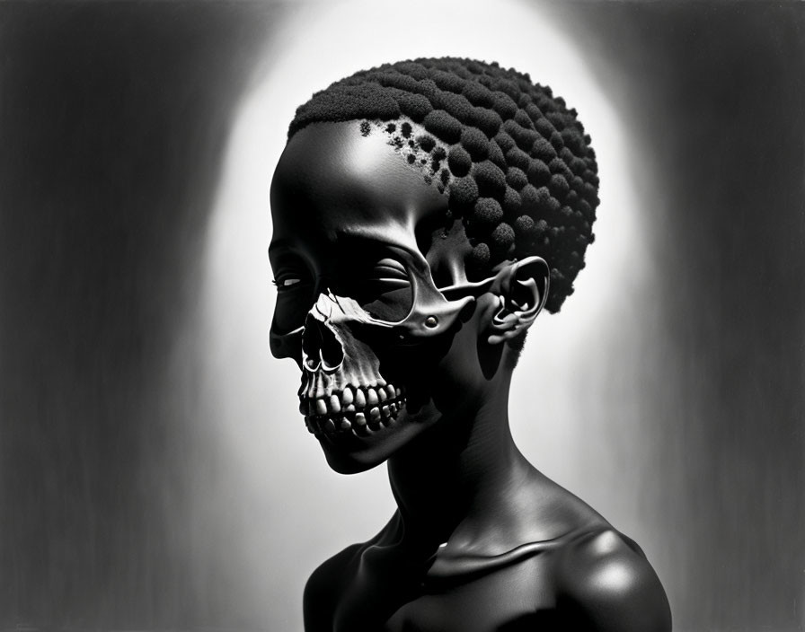 Monochrome art portrait featuring half-visible skeleton face and textured hairstyle on gradient background