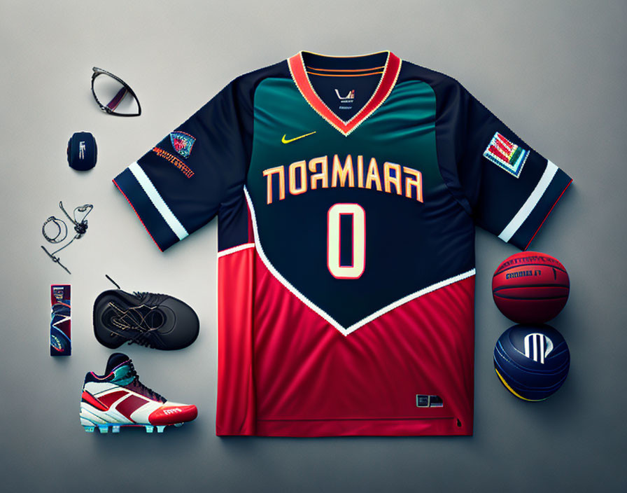 Sports-themed flat lay with basketball jersey, shoes, soccer cleats, balls, sunglasses, headphones,