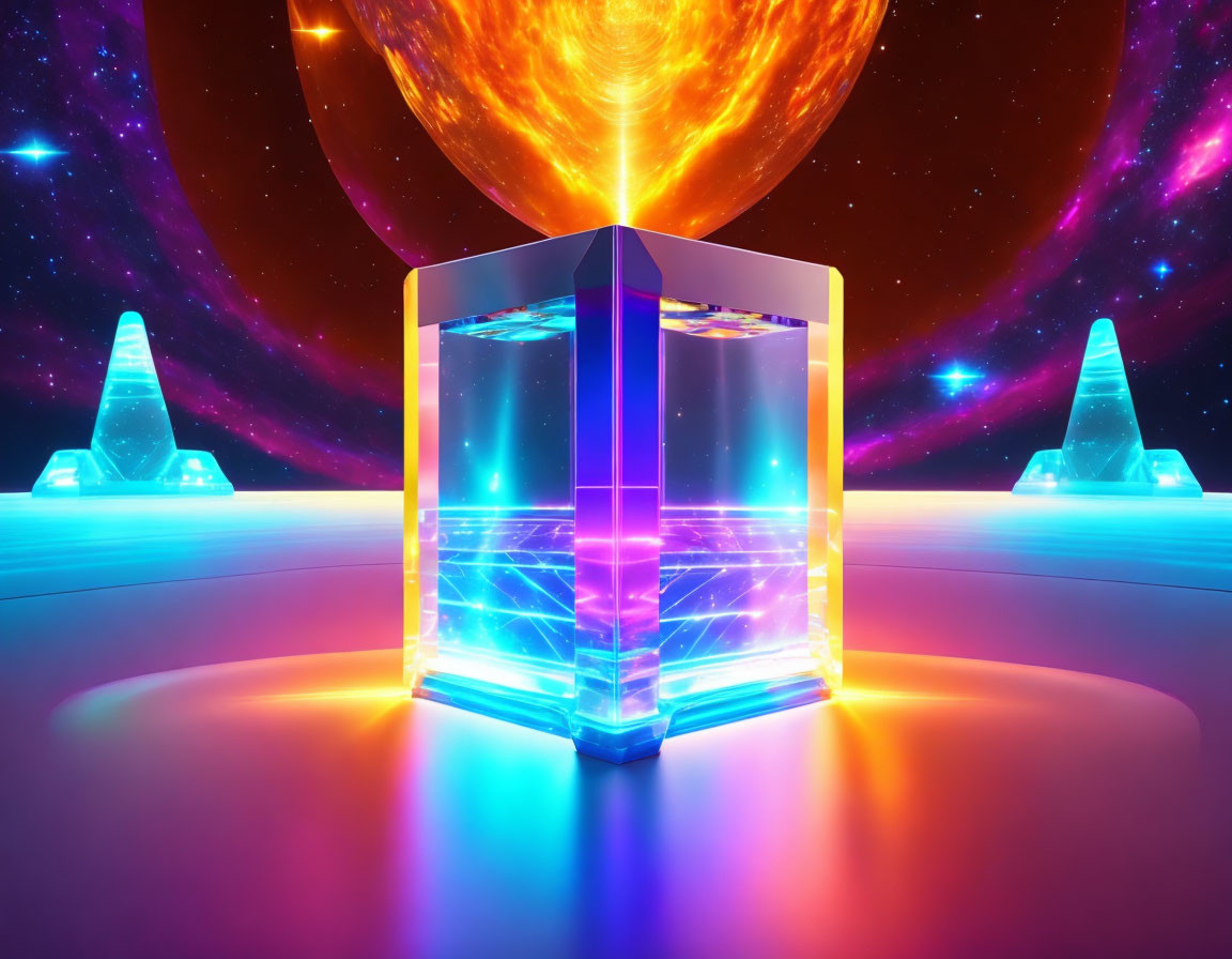 Colorful digital artwork: Glowing cube, neon pyramids, cosmic sky