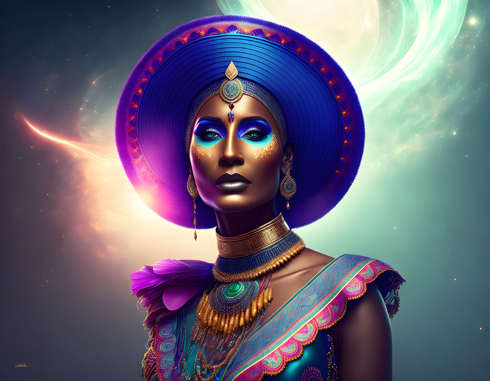 Colorful digital portrait of a woman in blue hat and gold jewelry on cosmic background