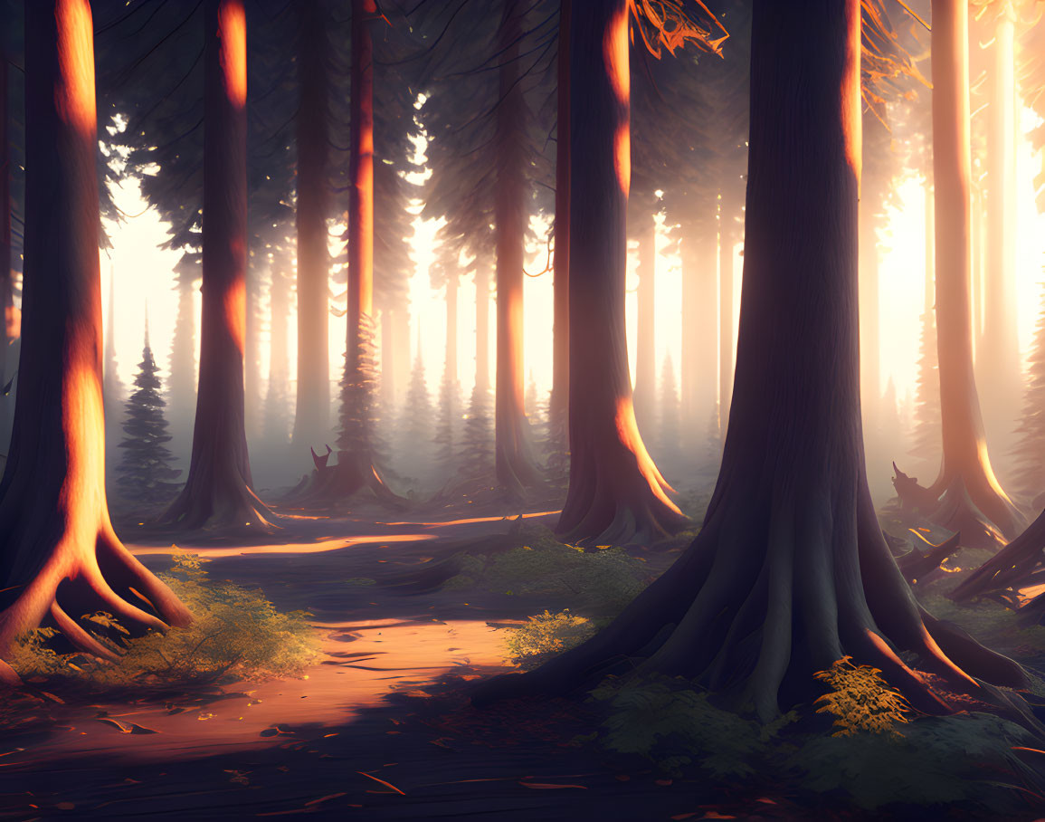 Sunlight through dense forest: misty path, towering trees