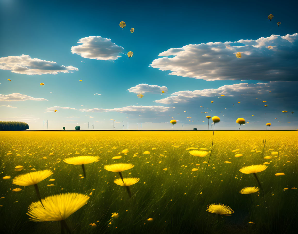 Tranquil landscape: yellow dandelion field under blue sky