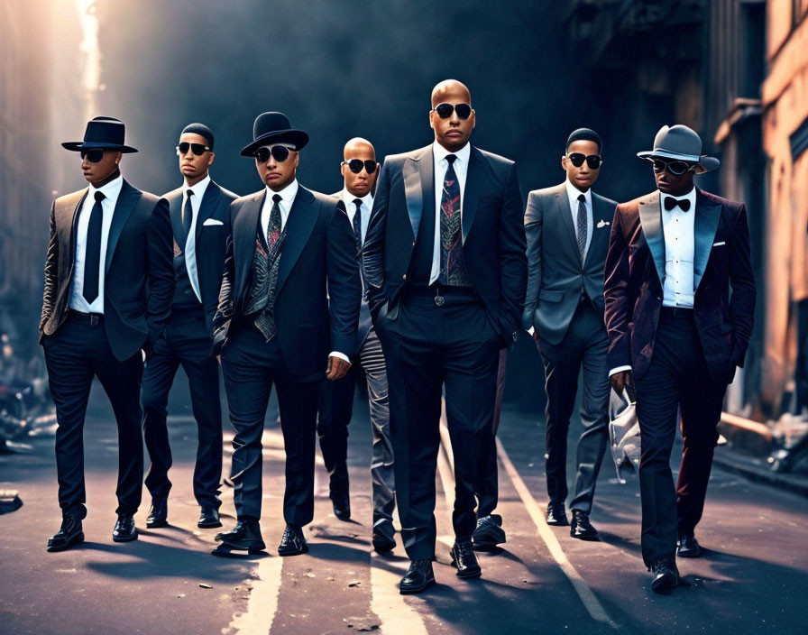 Group of seven men in stylish suits and sunglasses walking confidently on a street