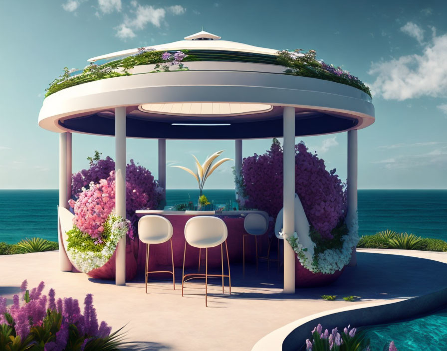 Modern outdoor pavilion with circular bar, lush purple flowers, and ocean view