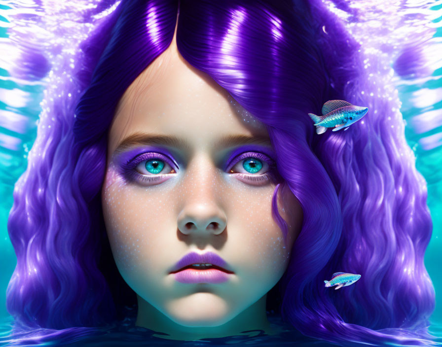 Vibrant purple hair girl submerged in water with neon fishes