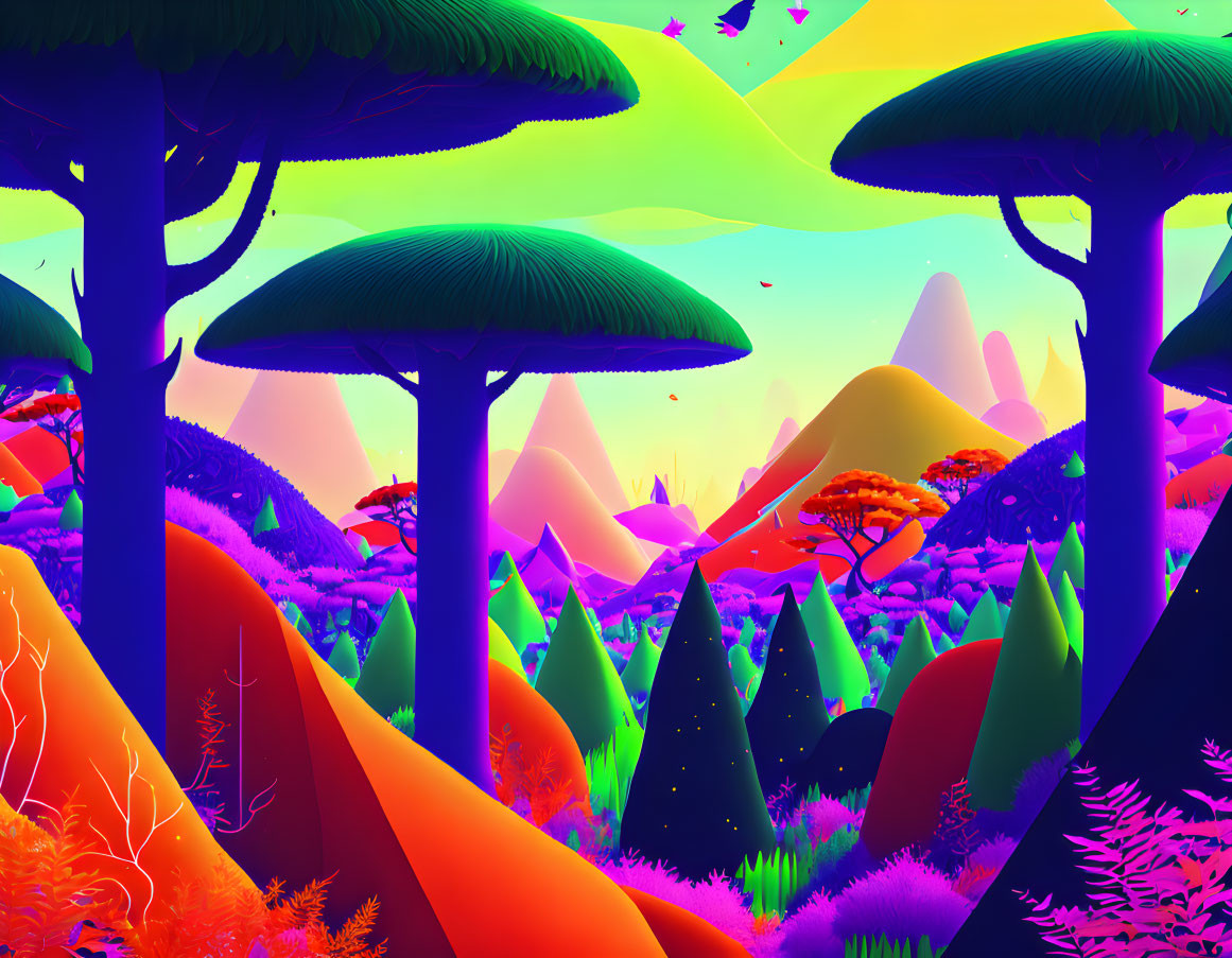 Colorful alien landscape with towering mushroom trees and neon sky