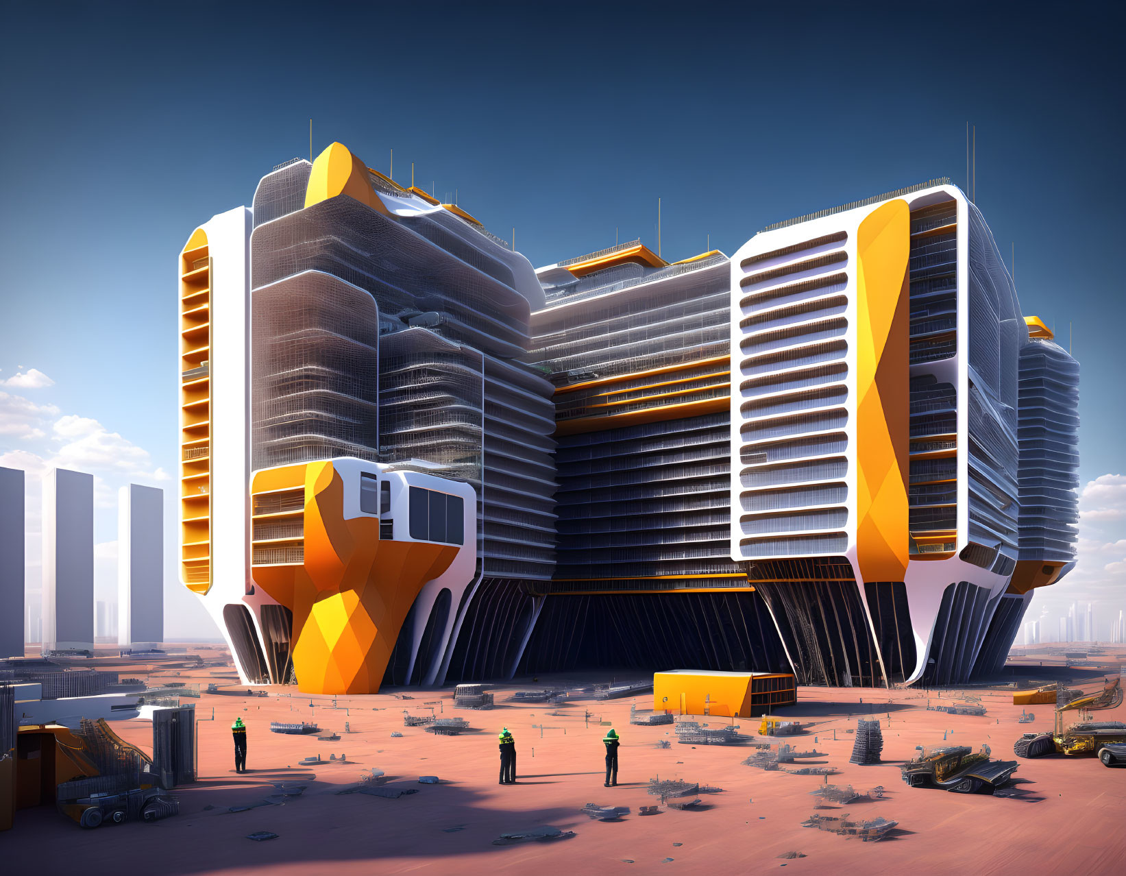 Modern desert cityscape with orange and gray architecture, bustling with people and flying cars.