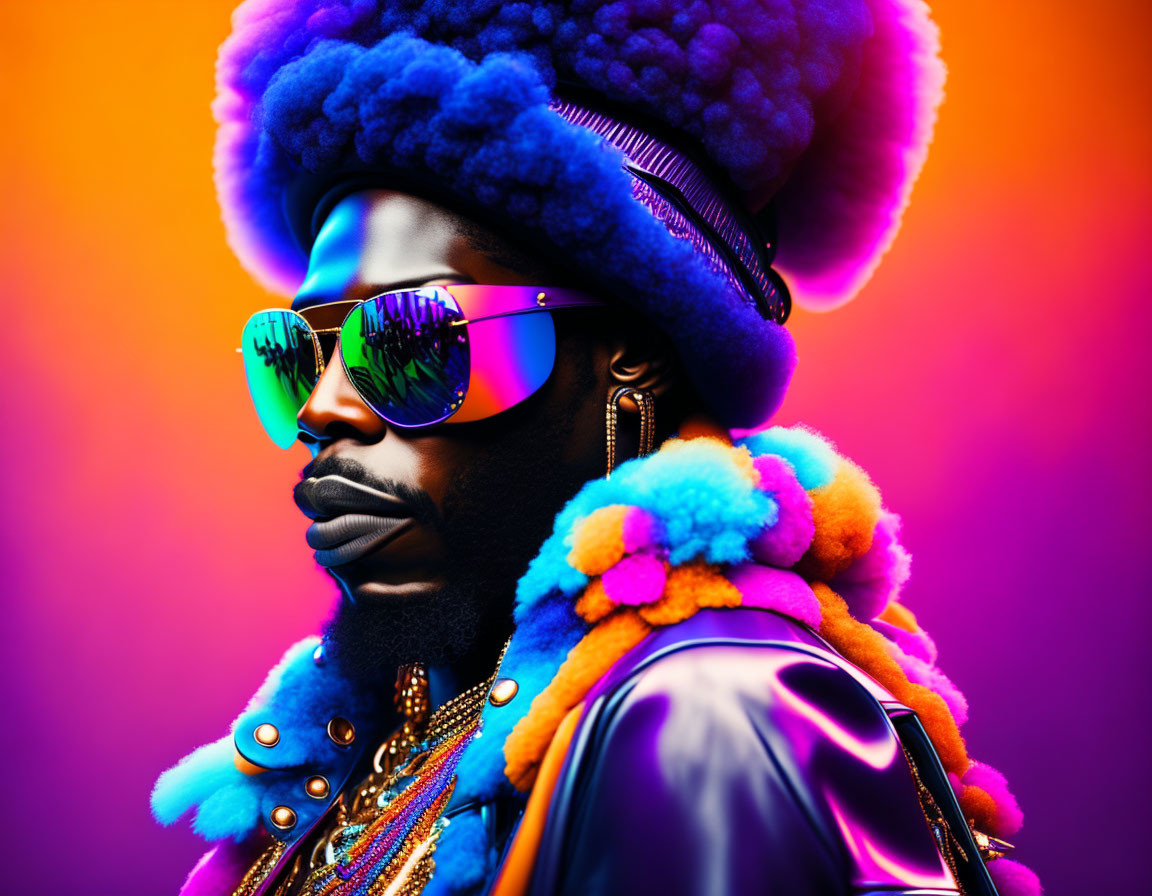 Colorful Portrait of Person with Afro and Reflective Sunglasses on Gradient Background