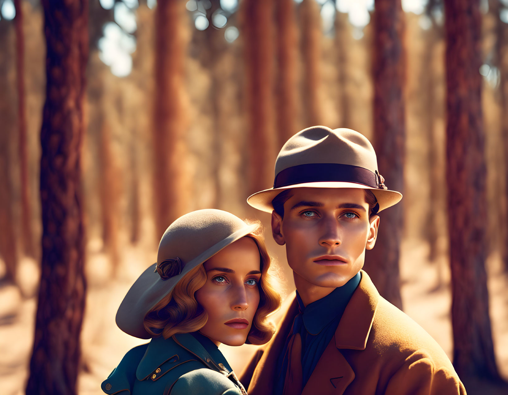 Vintage Clothing Couple Among Tall Trees in Golden Sunlight