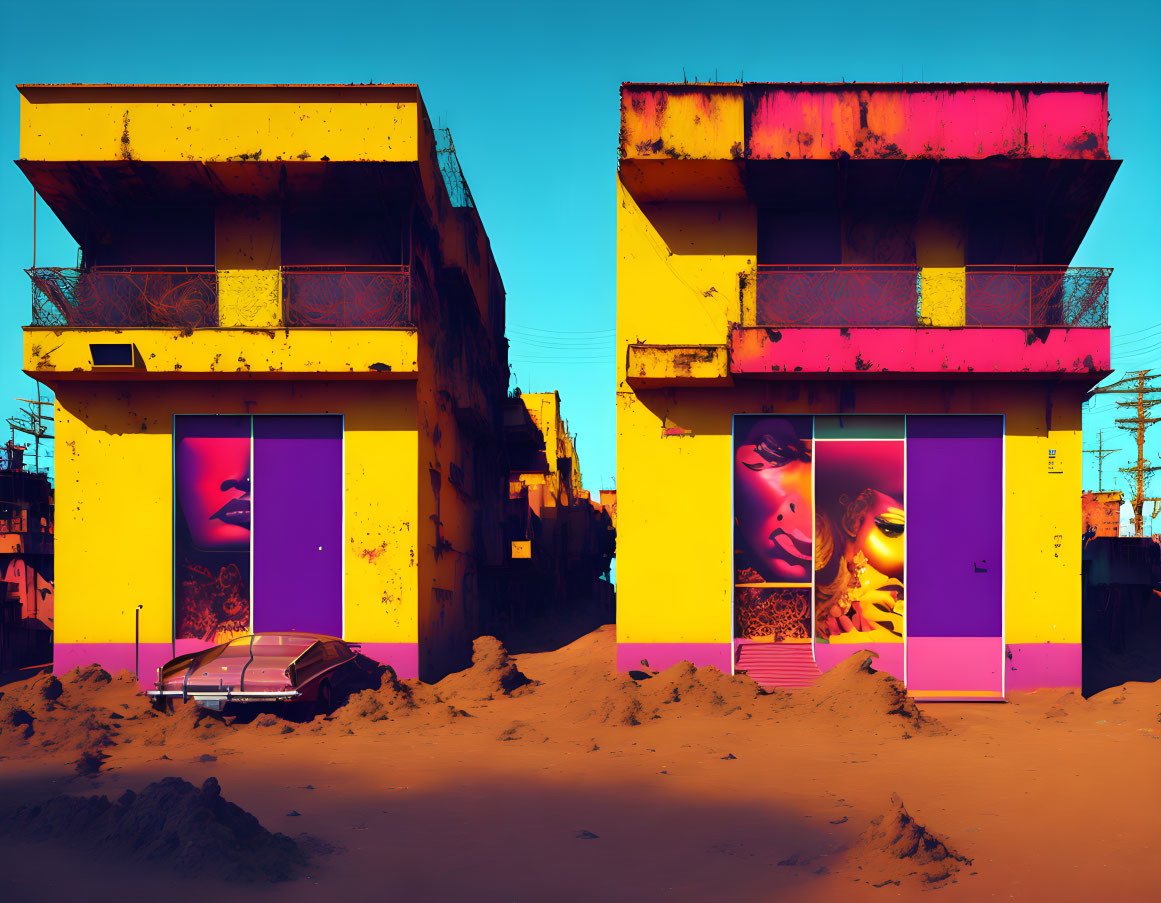 Vibrant yellow and pink buildings with retro posters, classic car, and surreal dusky sky
