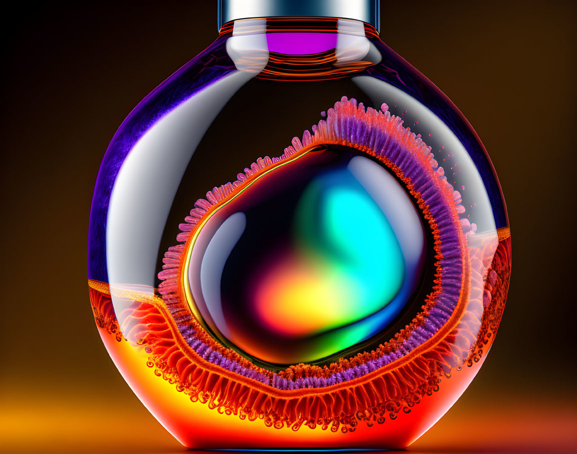 Abstract 3D image of glossy bulbous structure with organic fringes and multicolored core