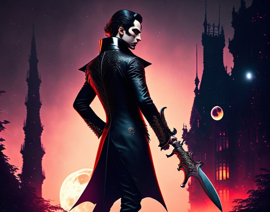 Stylized vampire man with sword in gothic castle scene