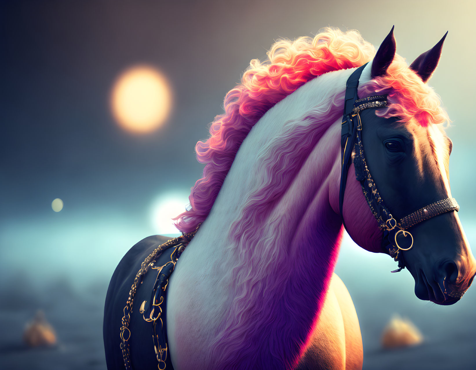Majestic horse with pink and orange mane in ethereal setting