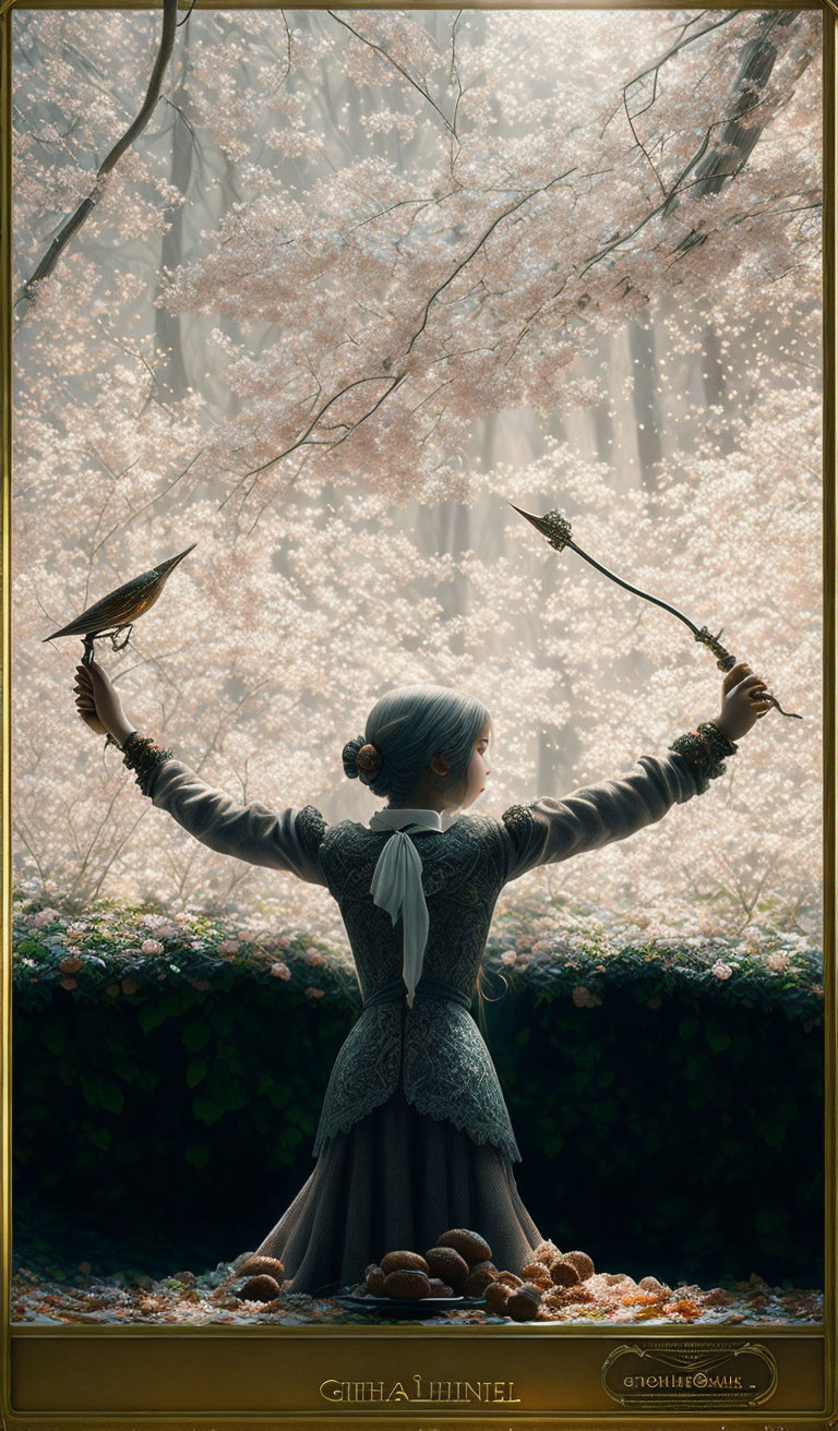 Historical woman with wand and bird in blooming forest under ethereal light