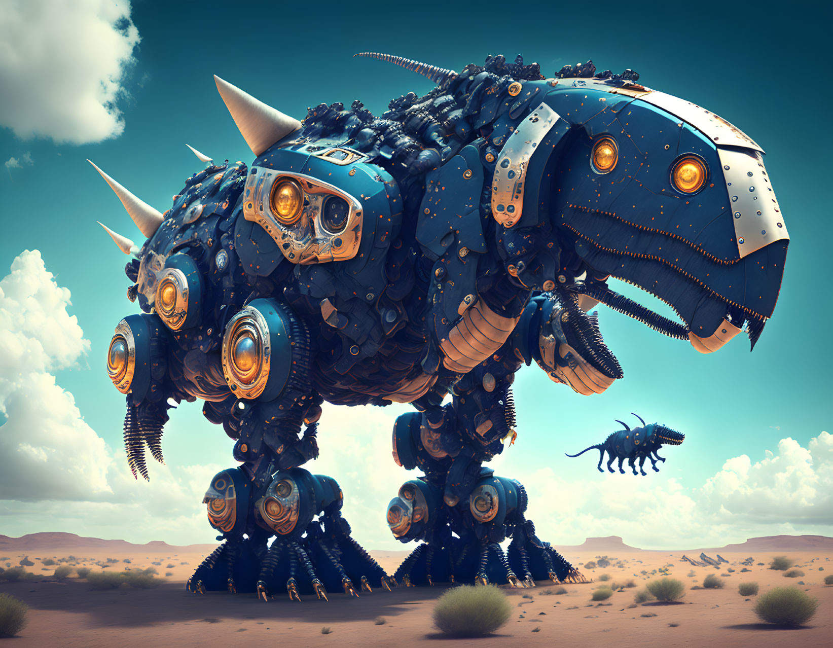 Intricate mechanical rhinoceros in desert with flying robotic insects