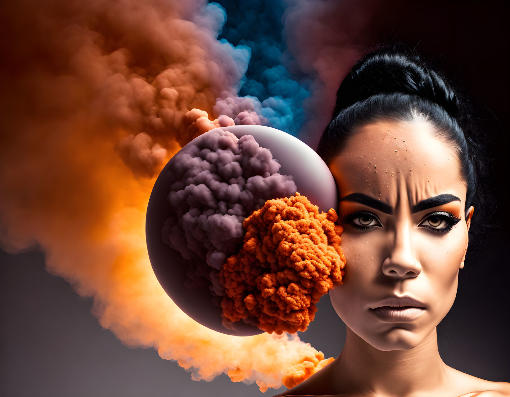 Woman with dramatic makeup beside colorful smoke clouds creates surreal atmosphere