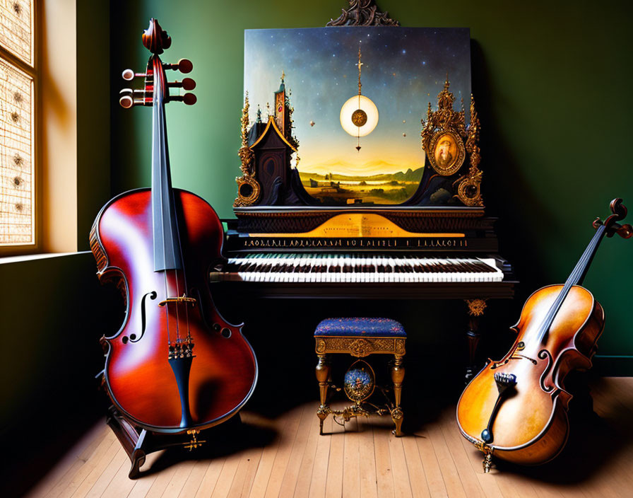 String Instruments and Piano with Fantastical Landscape Backdrop