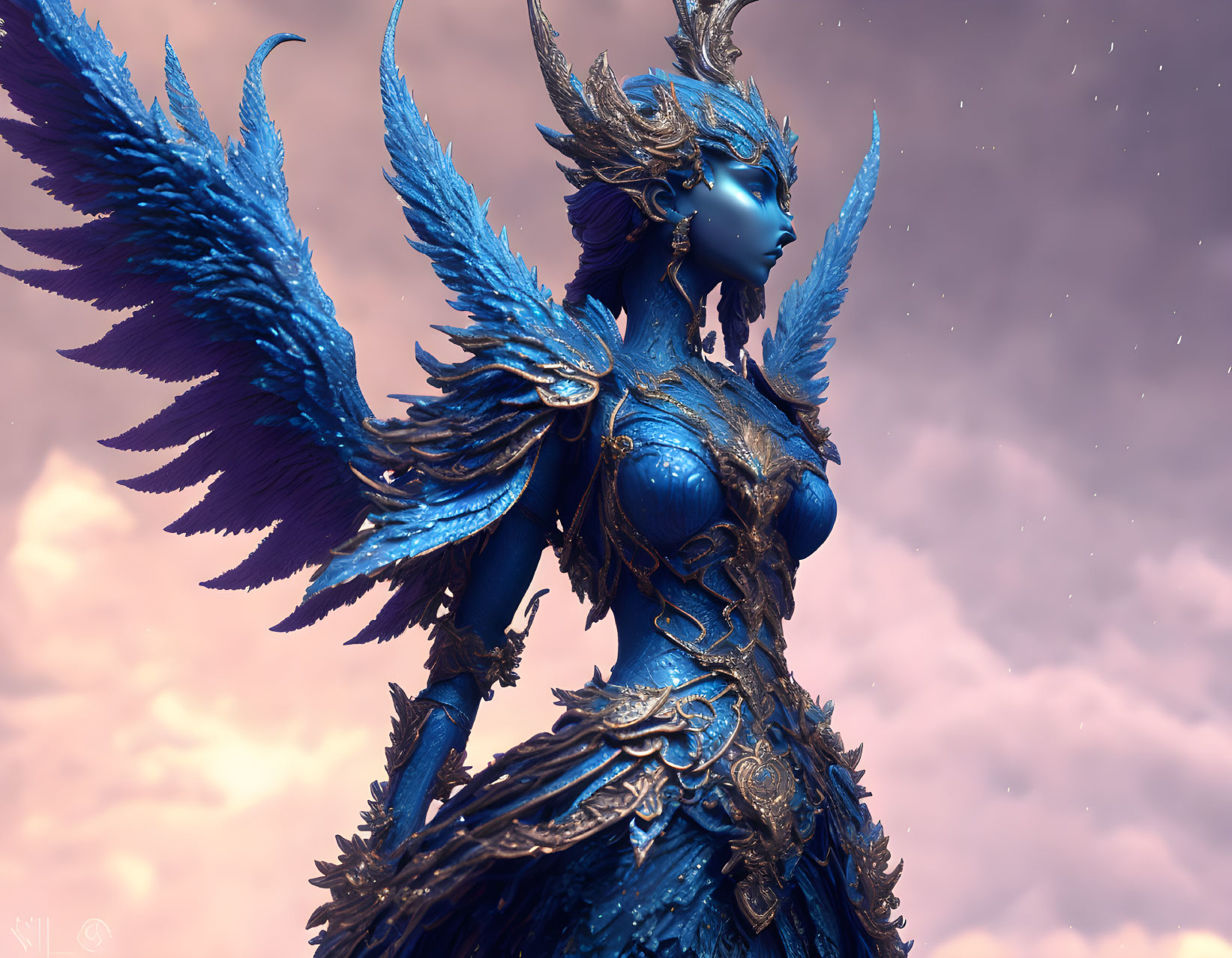 Blue-skinned fantasy character in intricate armor with winged shoulders under dramatic sky