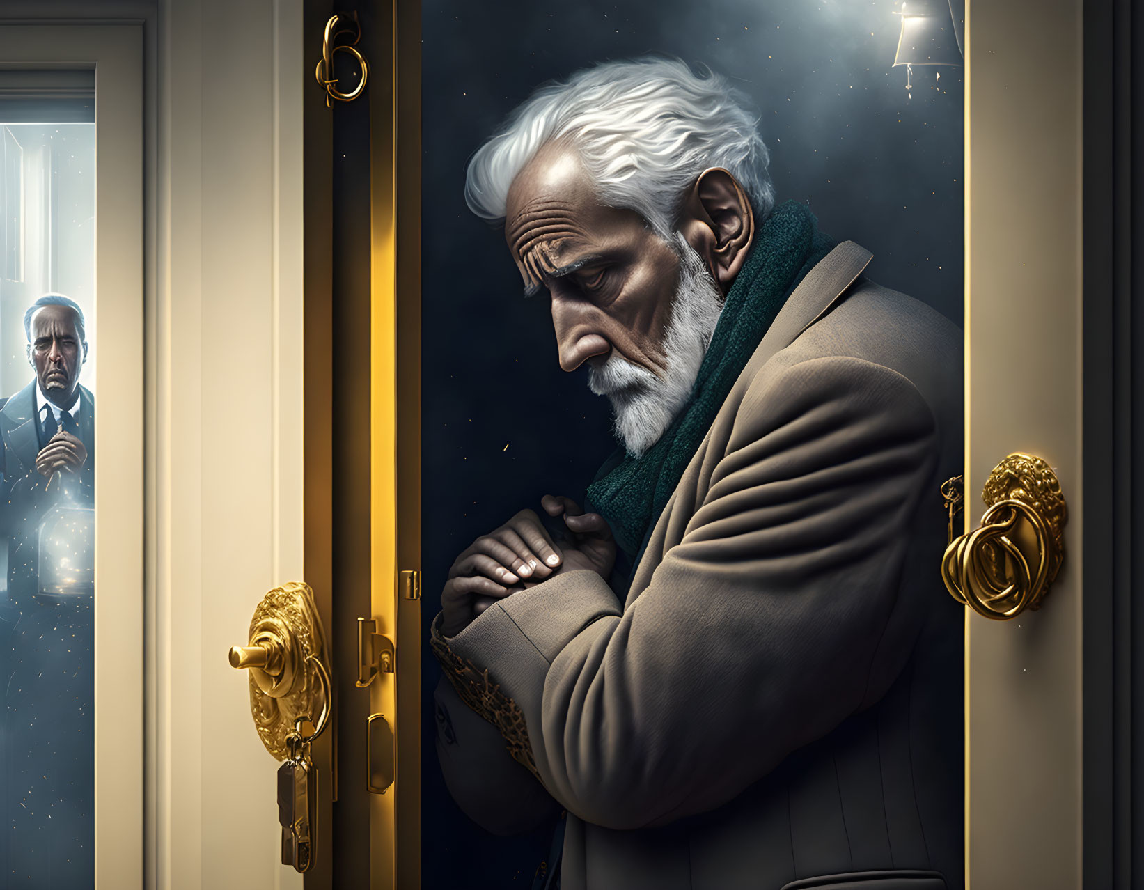 Elderly man with white beard gazes into star-filled room with reflection of another man