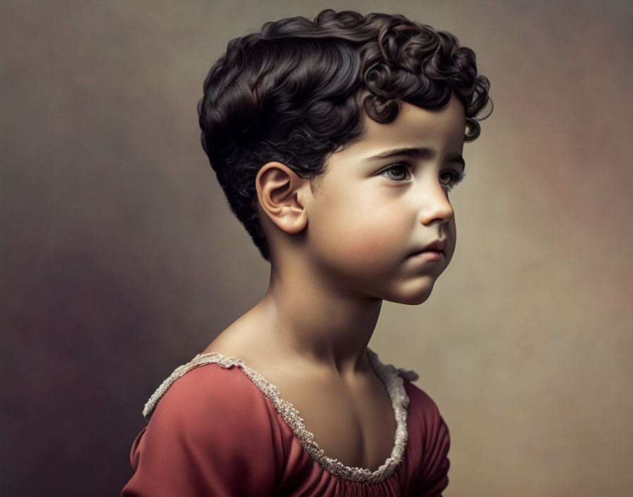 Young child with curly hair portrait on neutral backdrop