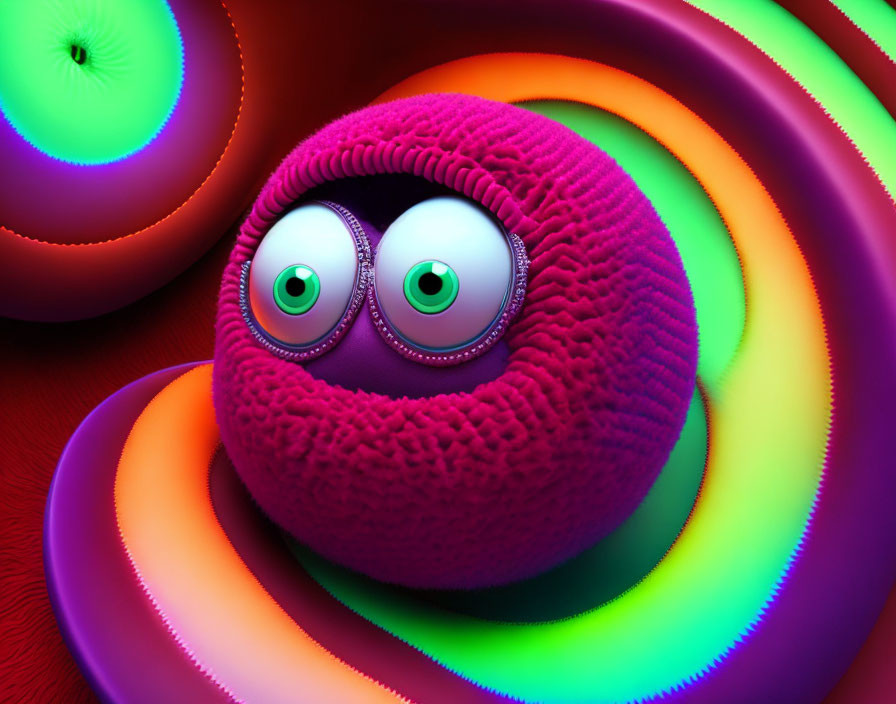 Colorful 3D illustration of furry pink creature with green eyes on neon circles