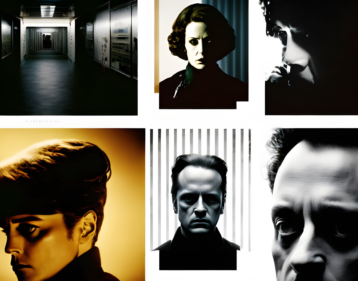 Six Stylized Images of Intense Portraits and Dark Corridor in Cinematic Collage