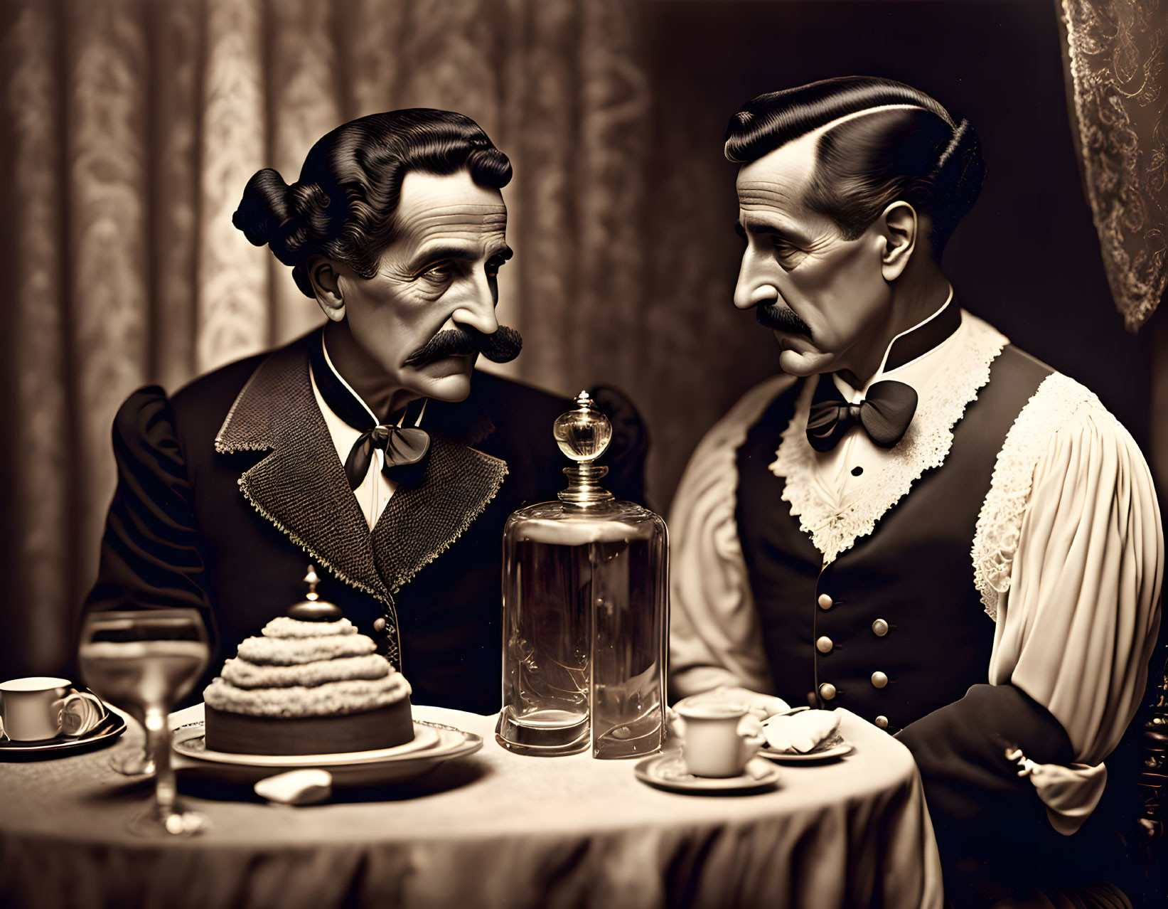 Vintage-style portrait of twin men in bow ties with cake and drink