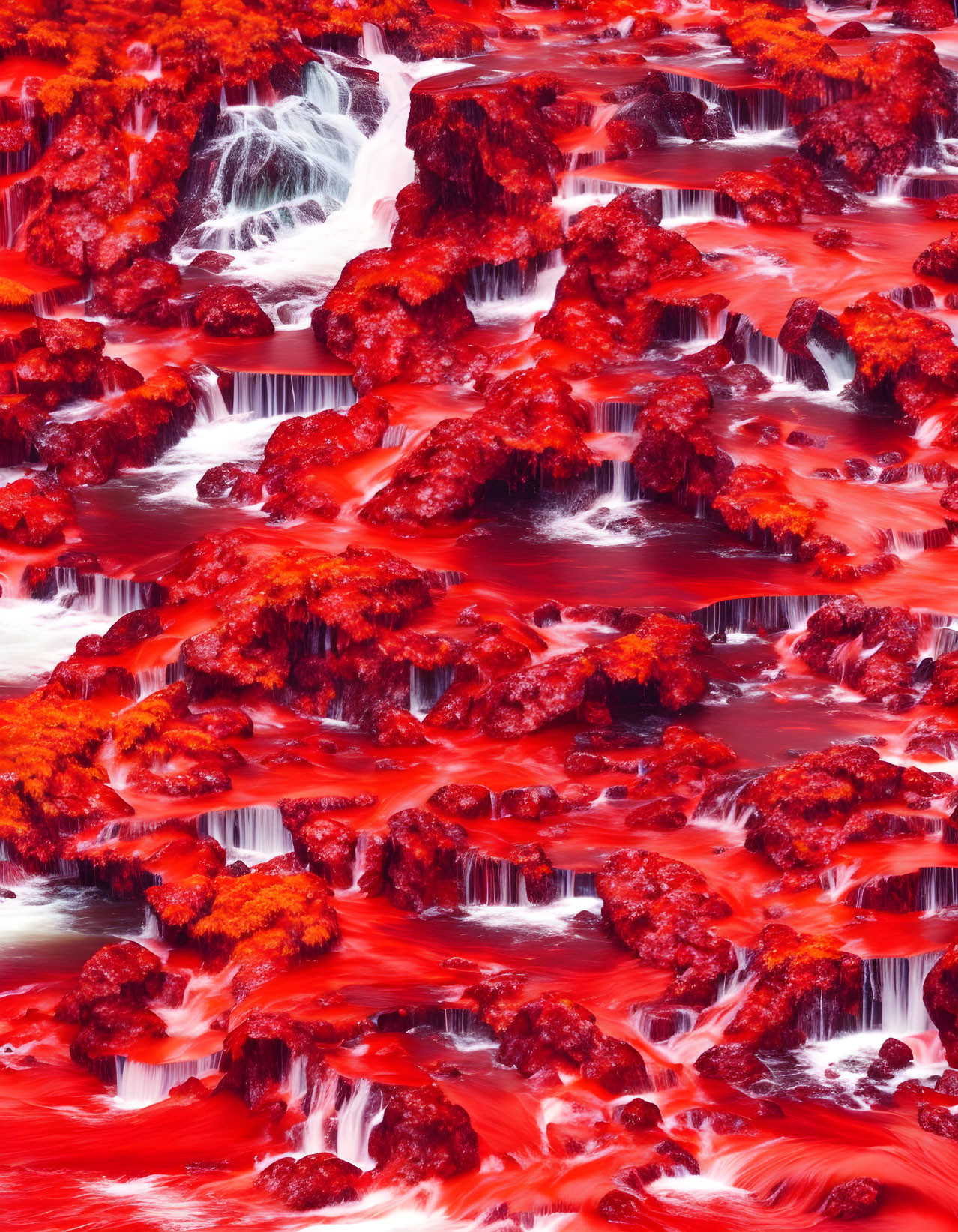 Digitally-altered surreal image: cascading waterfalls, vibrant red foliage, fiery landscape