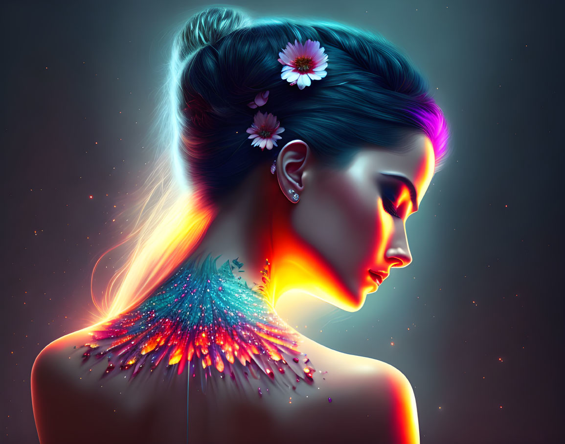 Digital artwork woman with neon glow, profile view, flowers in hair, colorful feathered shoulder embellishment