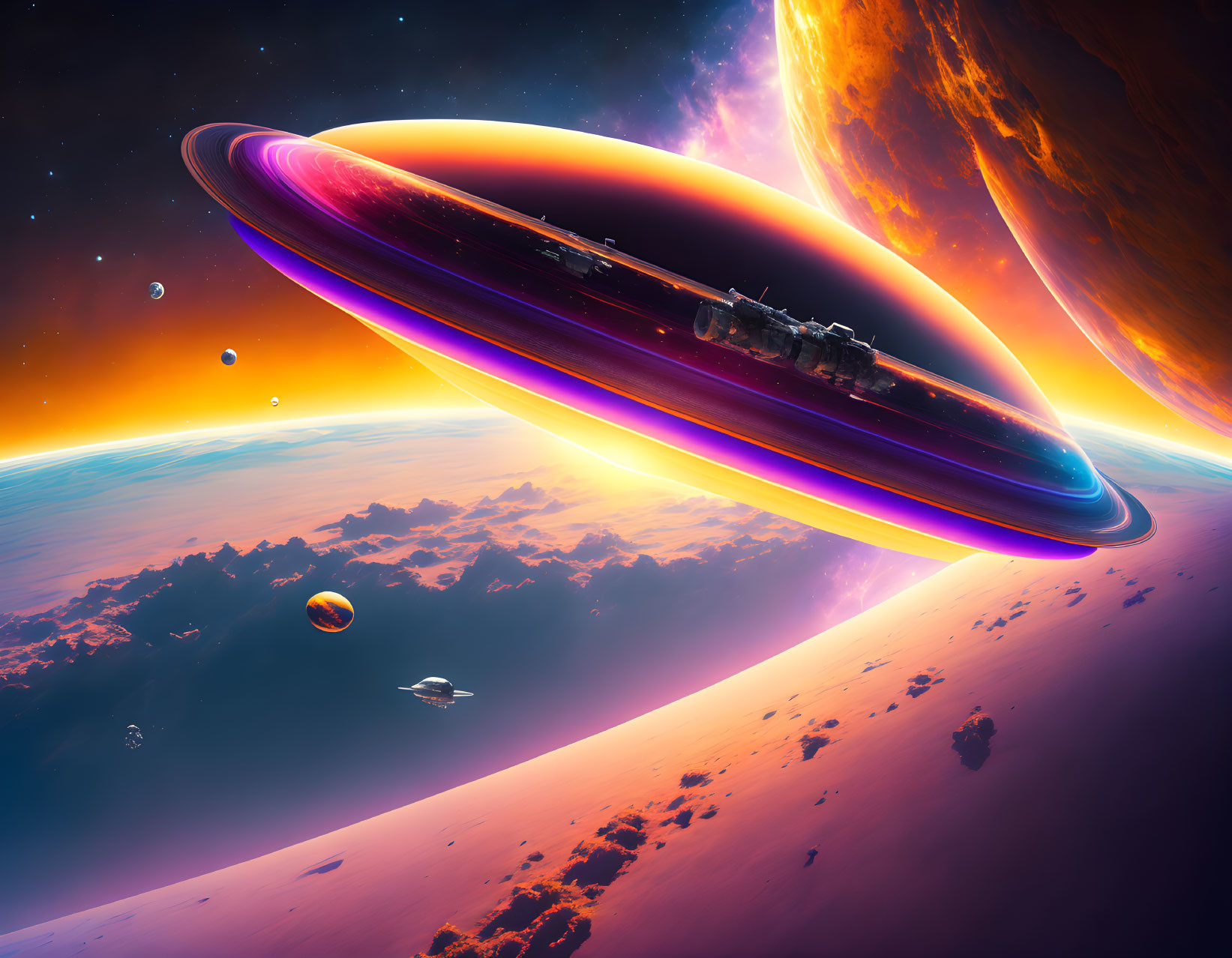 Sci-fi spaceship in cosmic landscape with planets, rings, asteroids, and star
