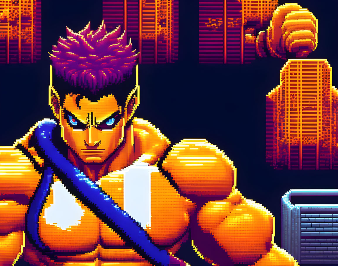 Muscular character in blue headband with sword in pixel art