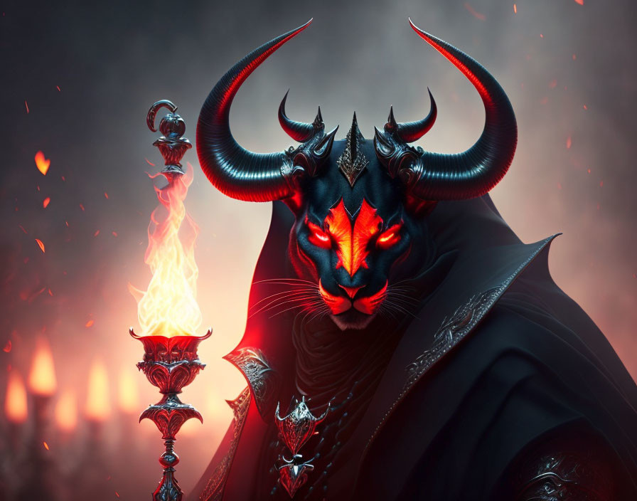 Sinister figure with red eyes, horns, and flaming staff in fiery setting