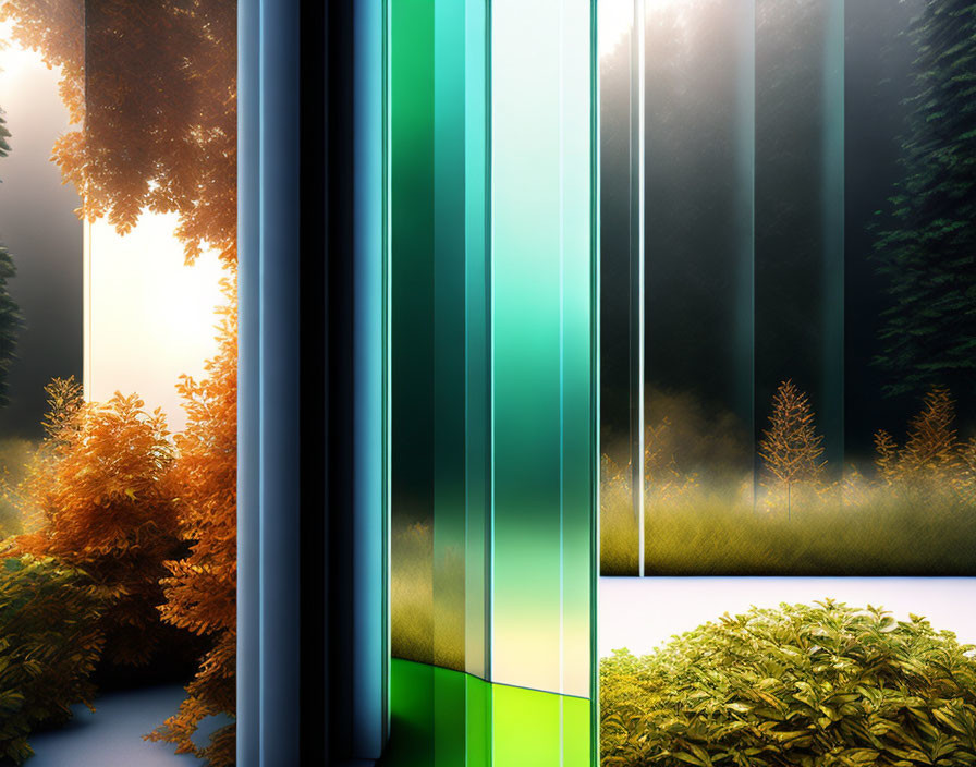 Forest Scene Transitioning into Vibrant Glass Panels
