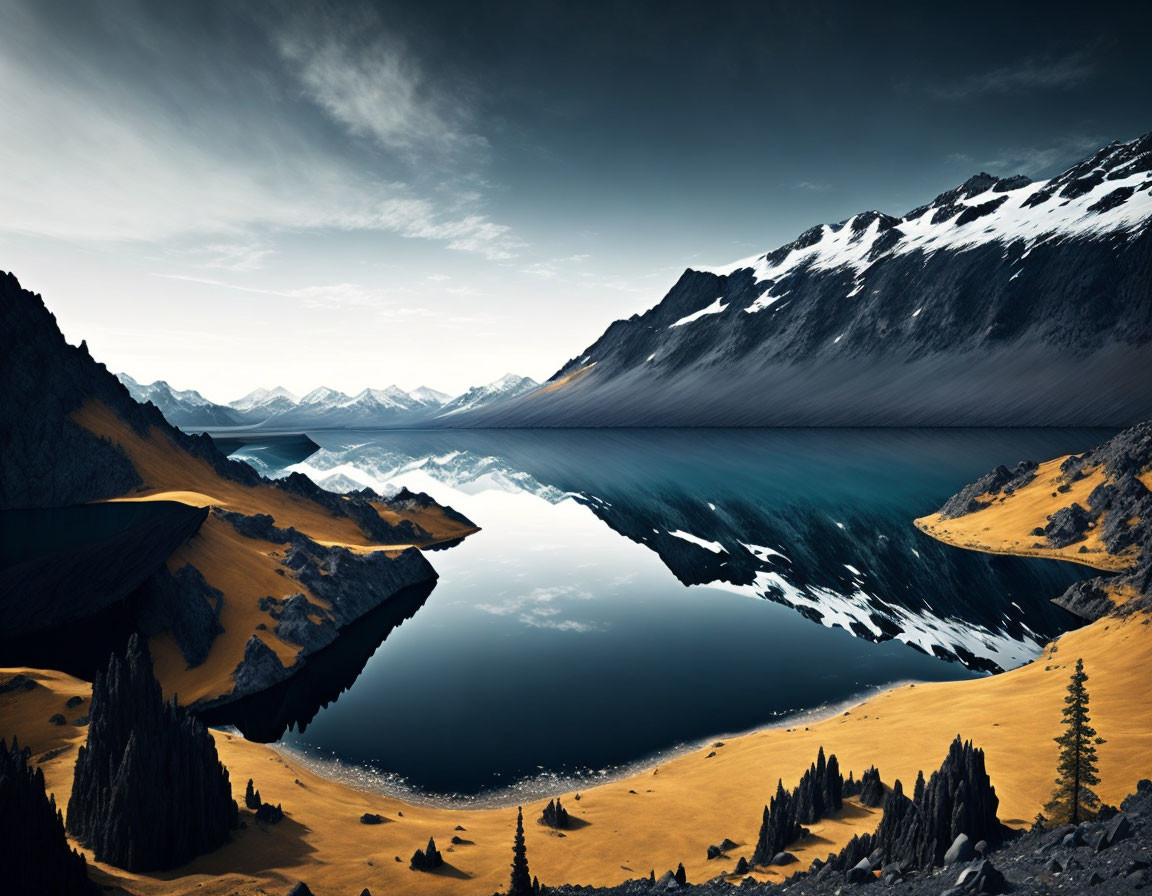 Serene Mountain Lake with Sharp Reflections and Rugged Peaks