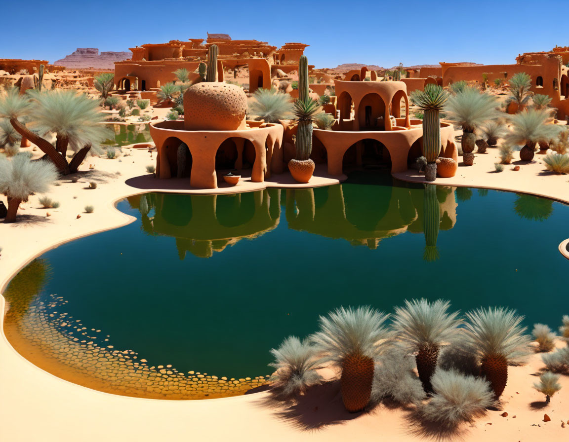 Desert Oasis with Adobe-style Buildings and Palm Trees