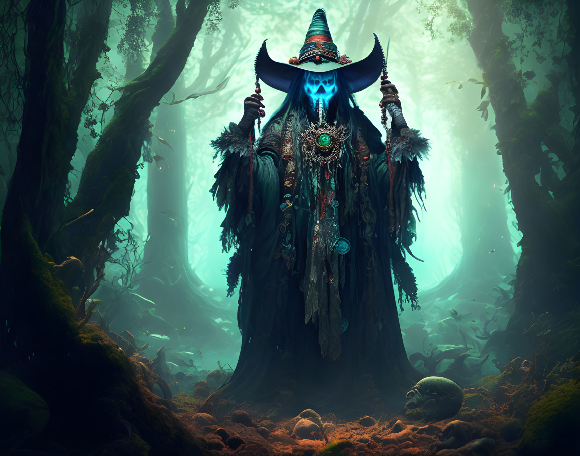 Mystical figure with glowing blue skull mask in enchanted forest