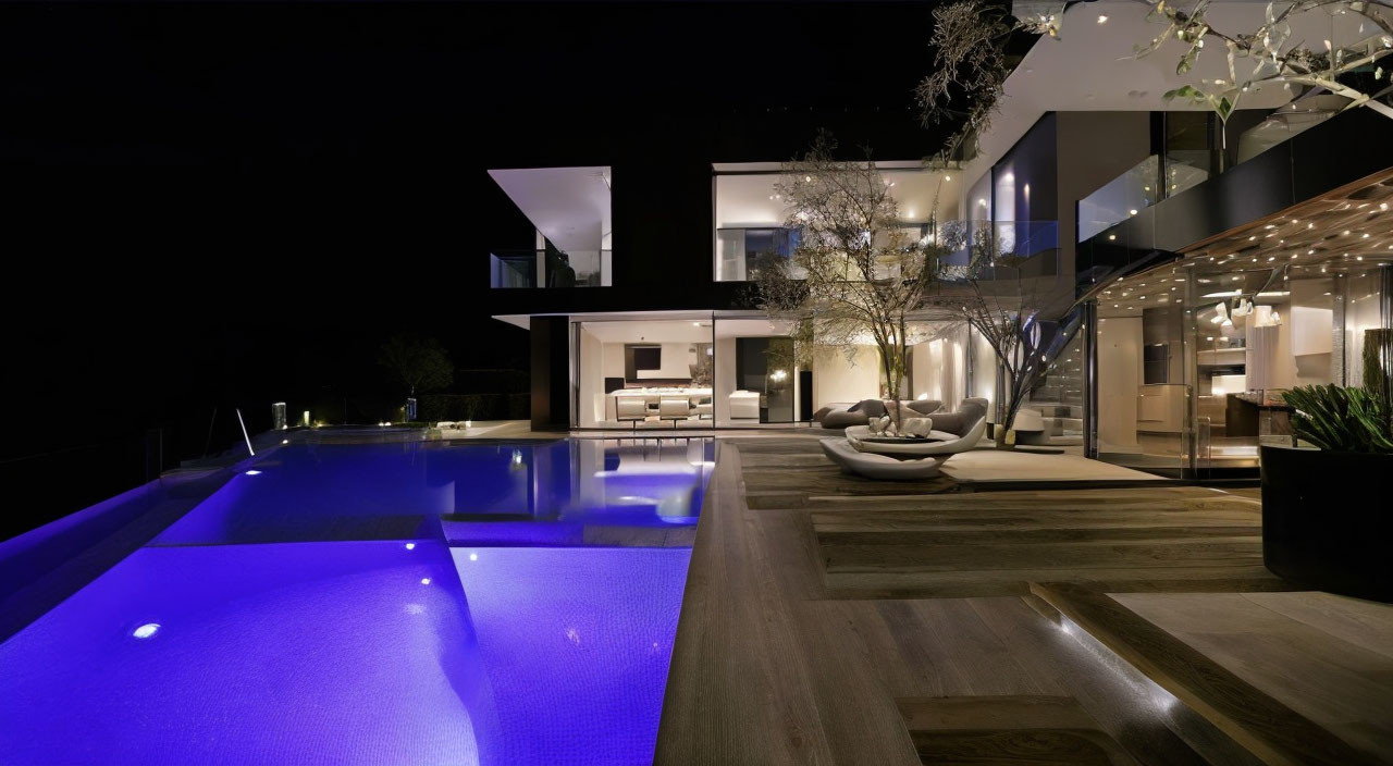 Contemporary Nighttime House with Illuminated Pool & Cozy Seating