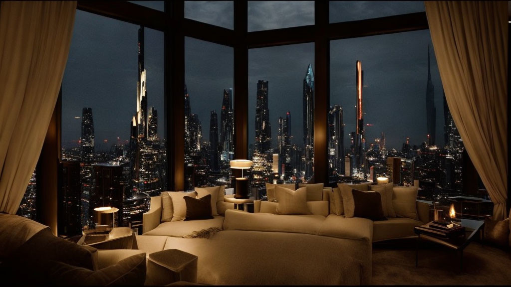 Luxurious Nighttime Living Room with City Skyline View